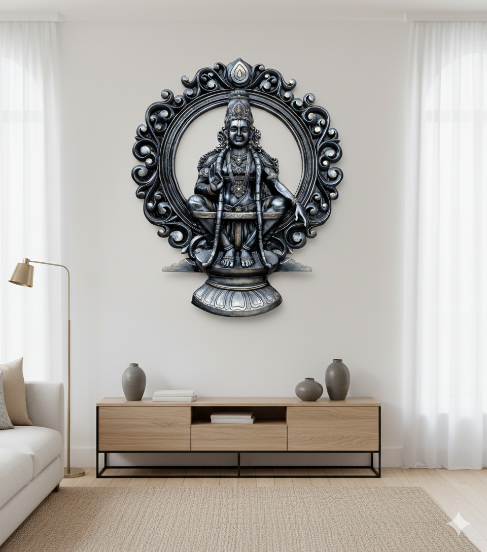 Ayyappa Swami 3D Fiber Mural Wall Art | Hasta Kale | Handcrafted Divine Wall Panel 6x5 ft