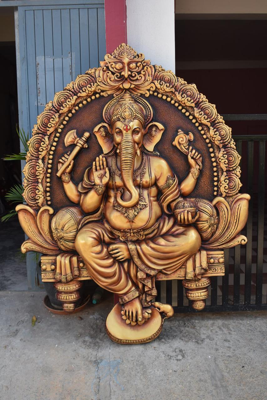 Lord Ganesha 3D Fiber Mural Wall Art | Hasta Kale | Handcrafted Antique Wall Panel 6.5x5 ft