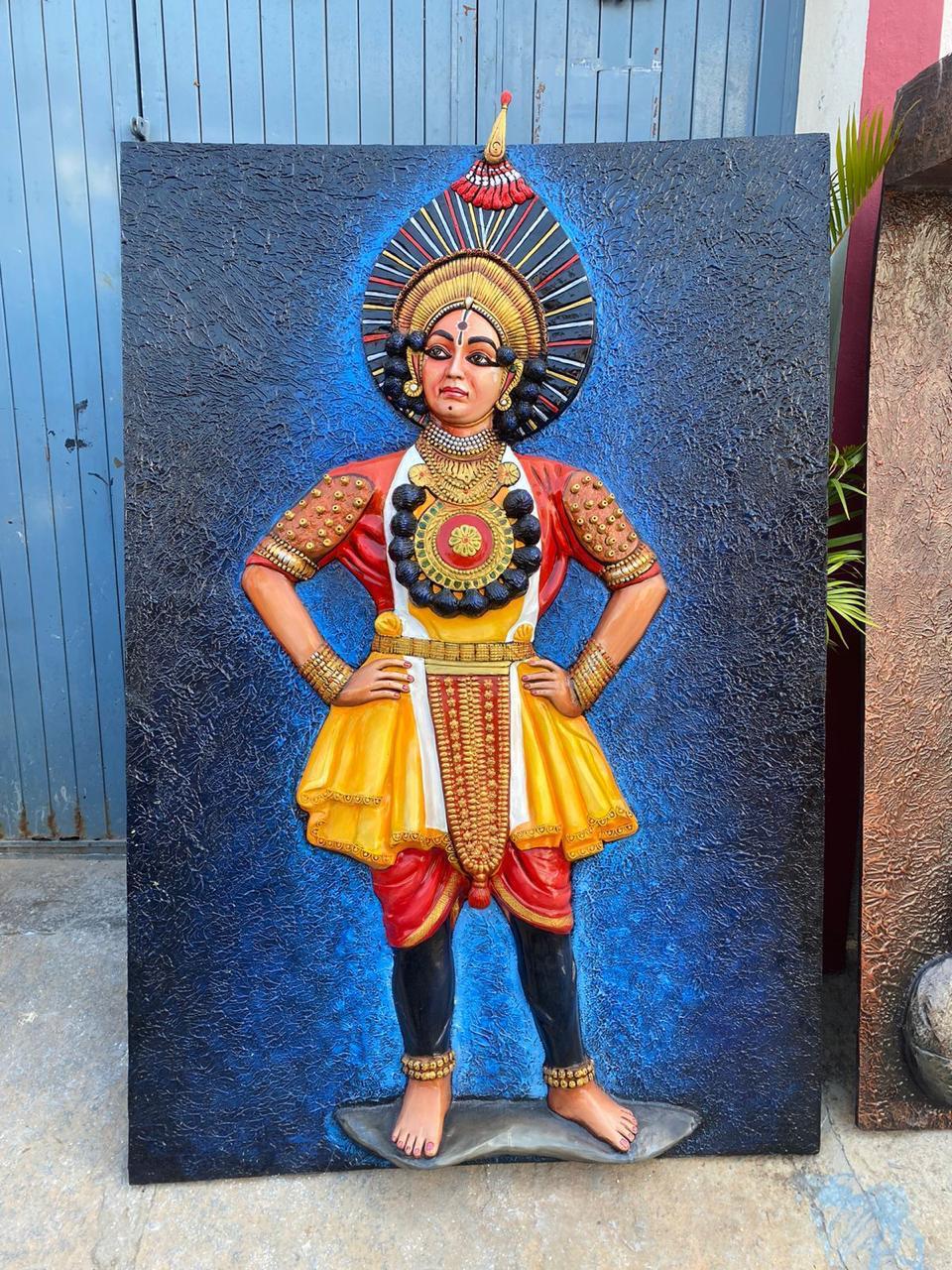 Yakshagana Dancer 3D Fiber Mural Wall Art | Hasta Kale | Handcrafted Indian Traditional Panel 5x3 ft