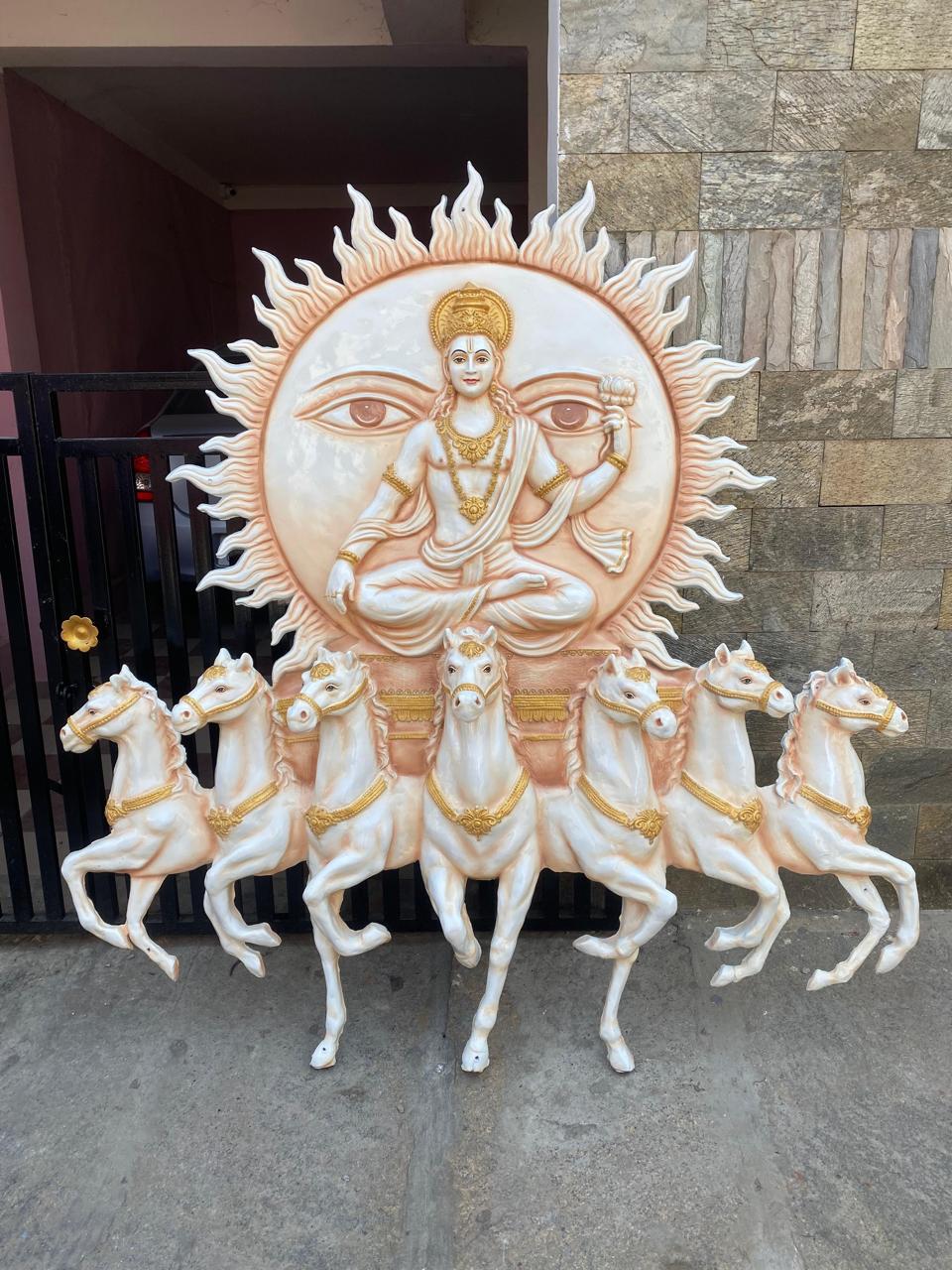 Vishnu Surya Chariot with Hors 3D Fiber Mural Wall Art | Hasta Kale | Handcrafted Sun God Wall Panel 6x6 ft