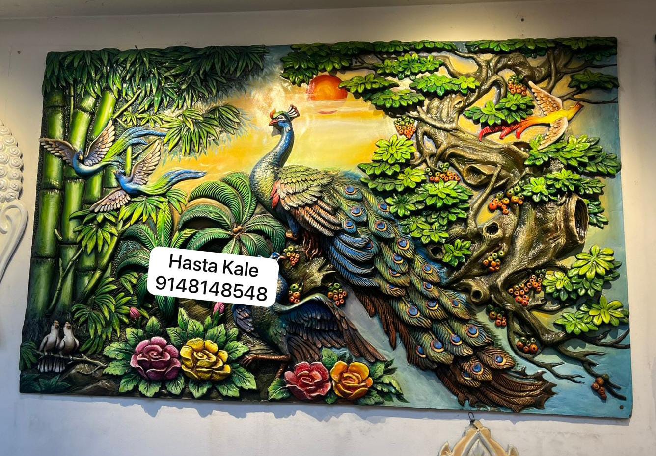 Handcrafted Peacock 3D Fiber Mural Wall Art | Hasta Kale | 7x4 ft Decorative Wall Panel