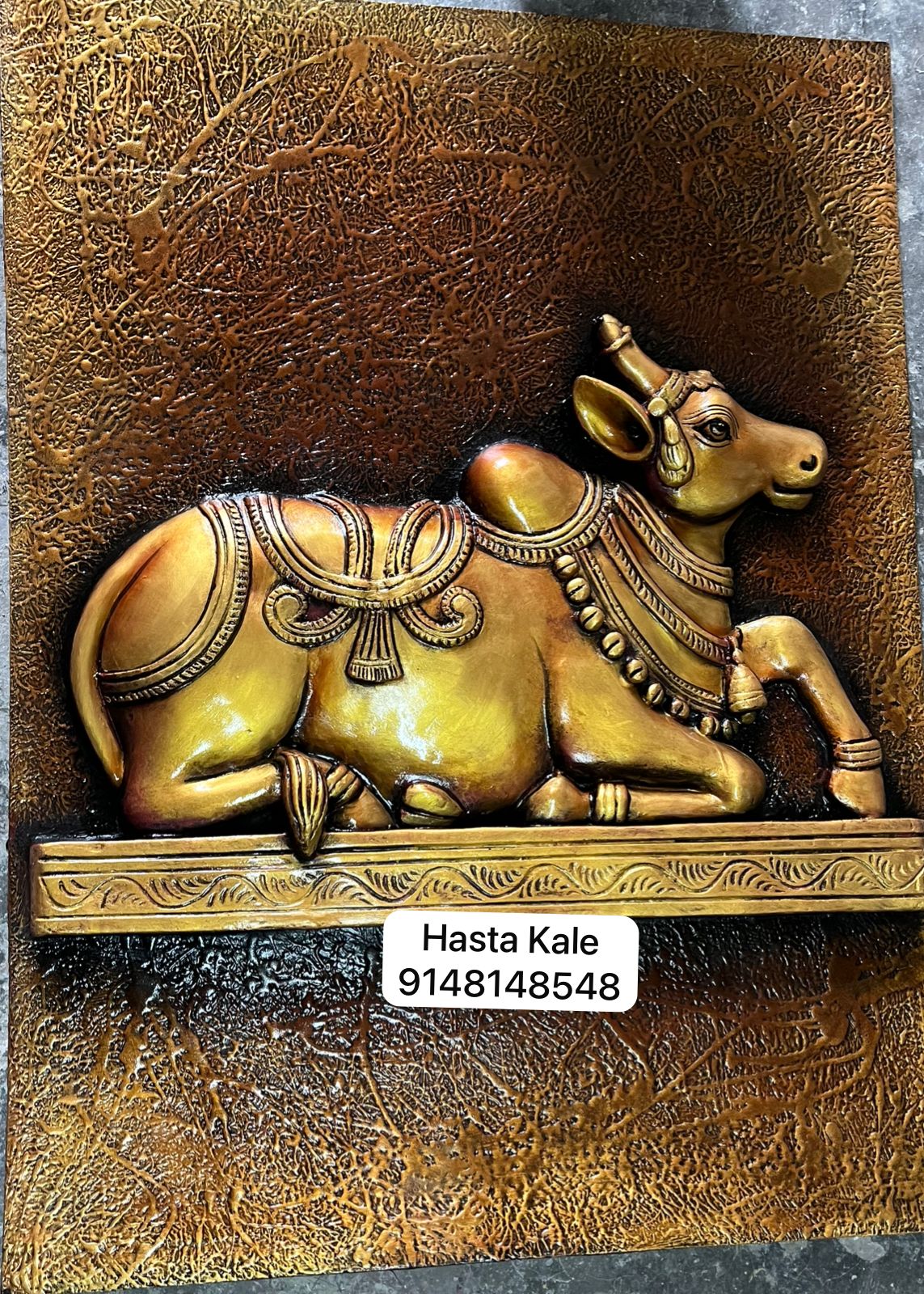 Nandi 3D Fiber Mural Wall Art | Hasta Kale | Handcrafted Antique Divine Panel 5x4 ft