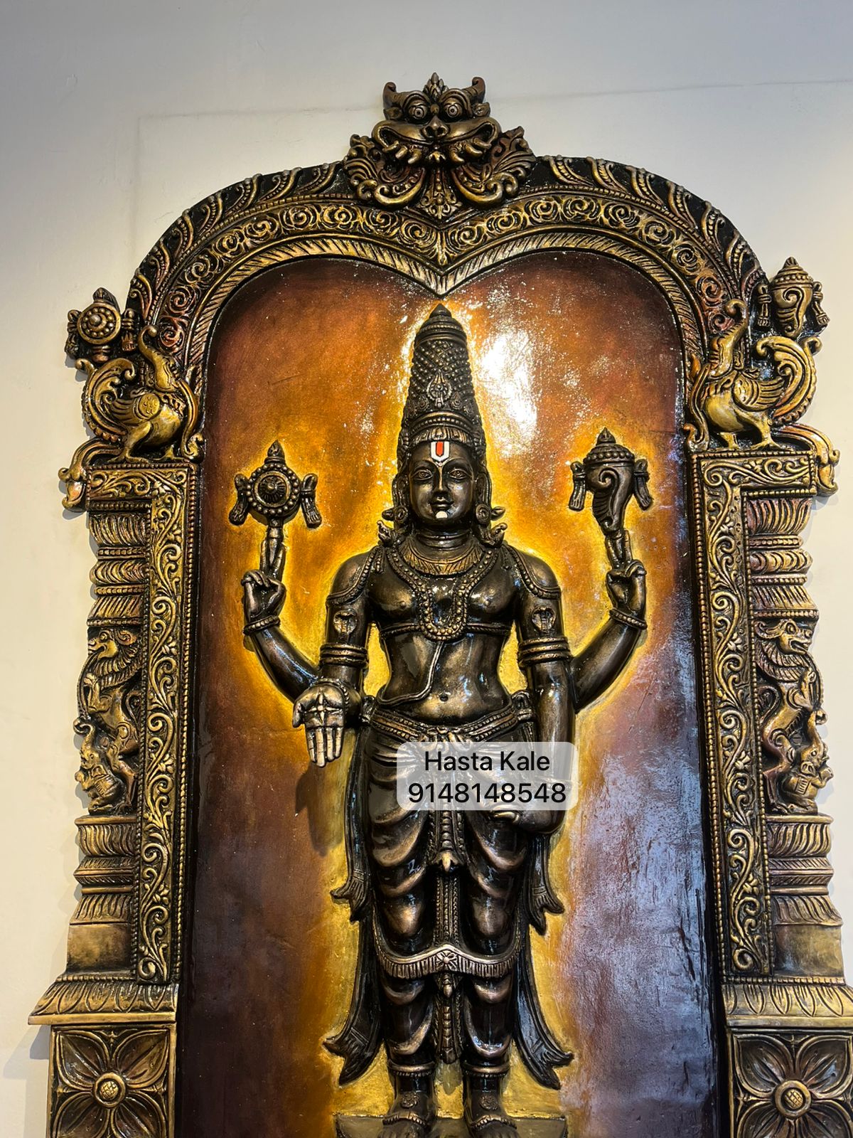 Lord Venkateswara Semi 3D Antique Fiber Mural | Hasta Kale | Handcrafted Balaji Wall Art 4x3 ft