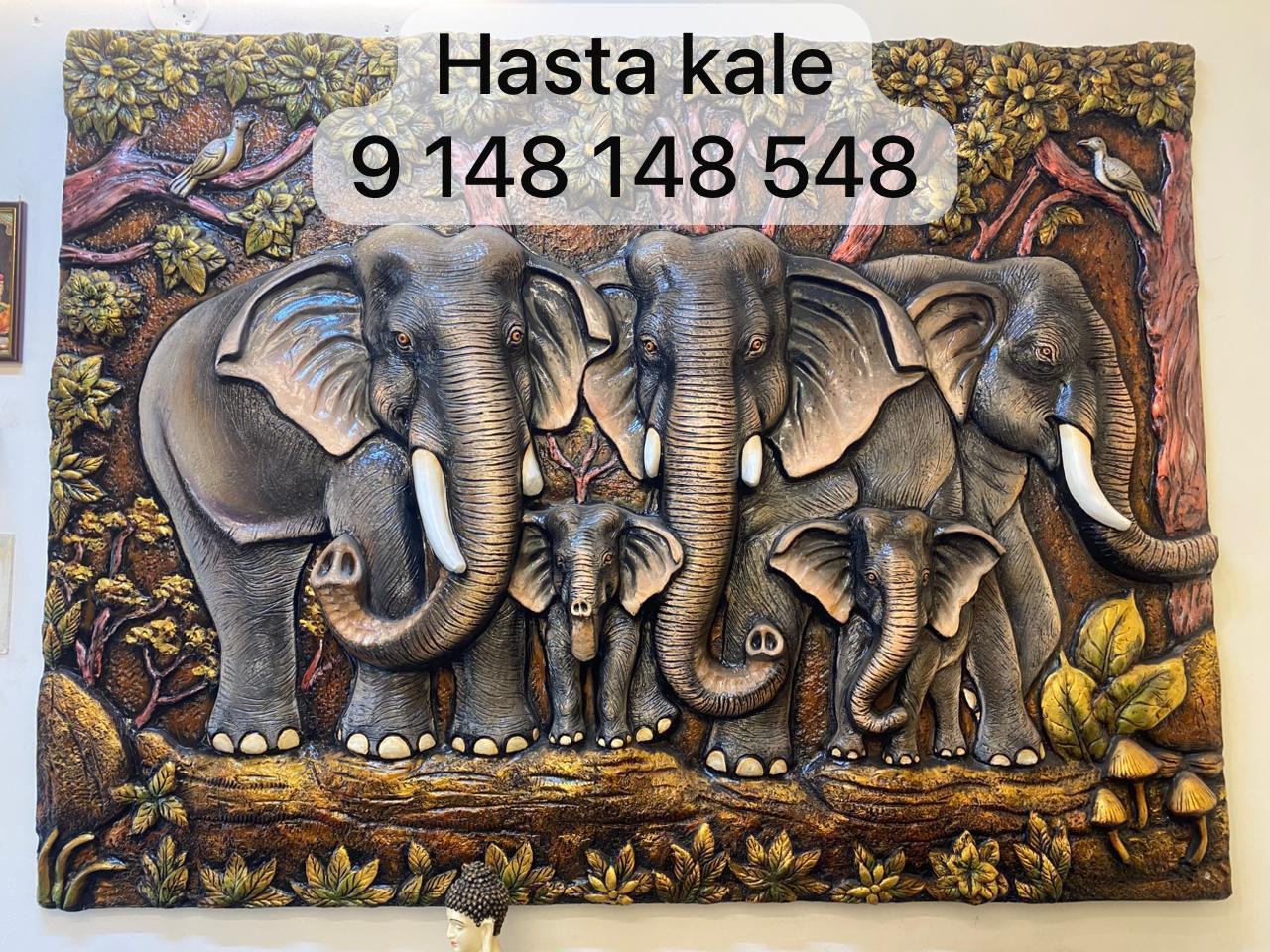 Elephant Family 3D Fiber Mural Wall Art | Hasta Kale | Handcrafted Wildlife Panel 6x3 ft