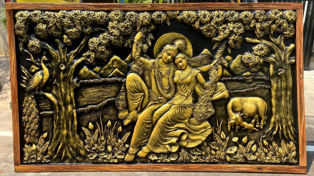 Radha Krishna 3D Fiber Mural Wall Art | Hasta Kale | Handcrafted Divine Wall Panel 7x4 ft