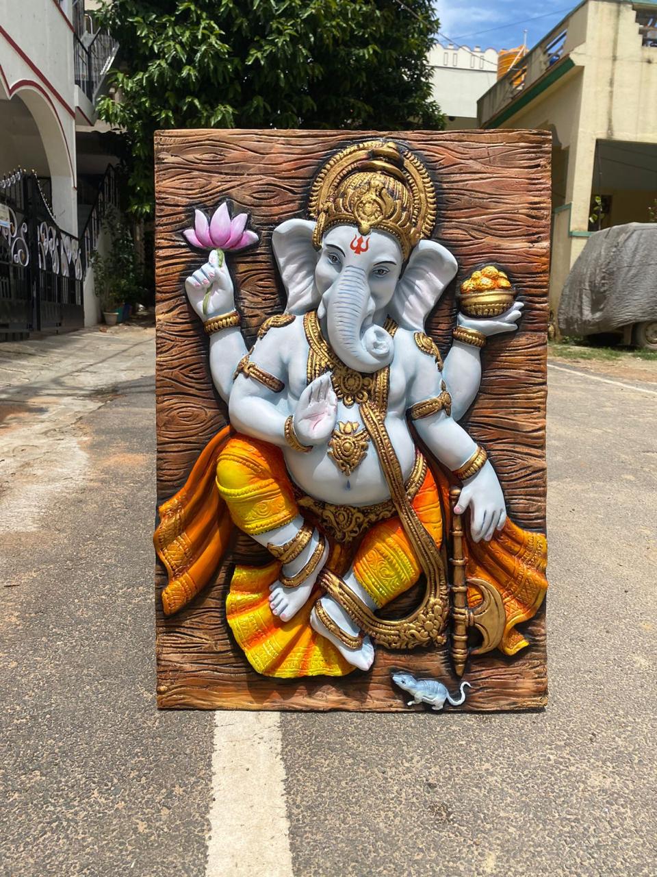 Lord Ganesha 3D Fiber Mural Wall Art | Hasta Kale | Handcrafted Ganapati Wall Panel 3x2.5 ft