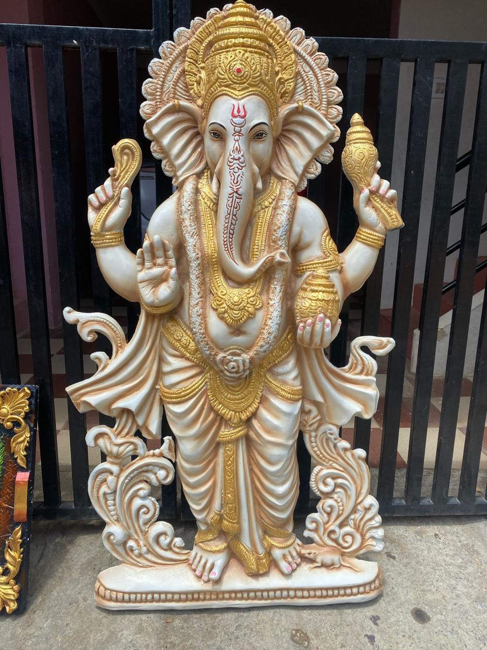 Lord Ganesha 3D Fiber Mural Wall Art | Hasta Kale | Handcrafted Ganapati Wall Panel 4x2.5 ft