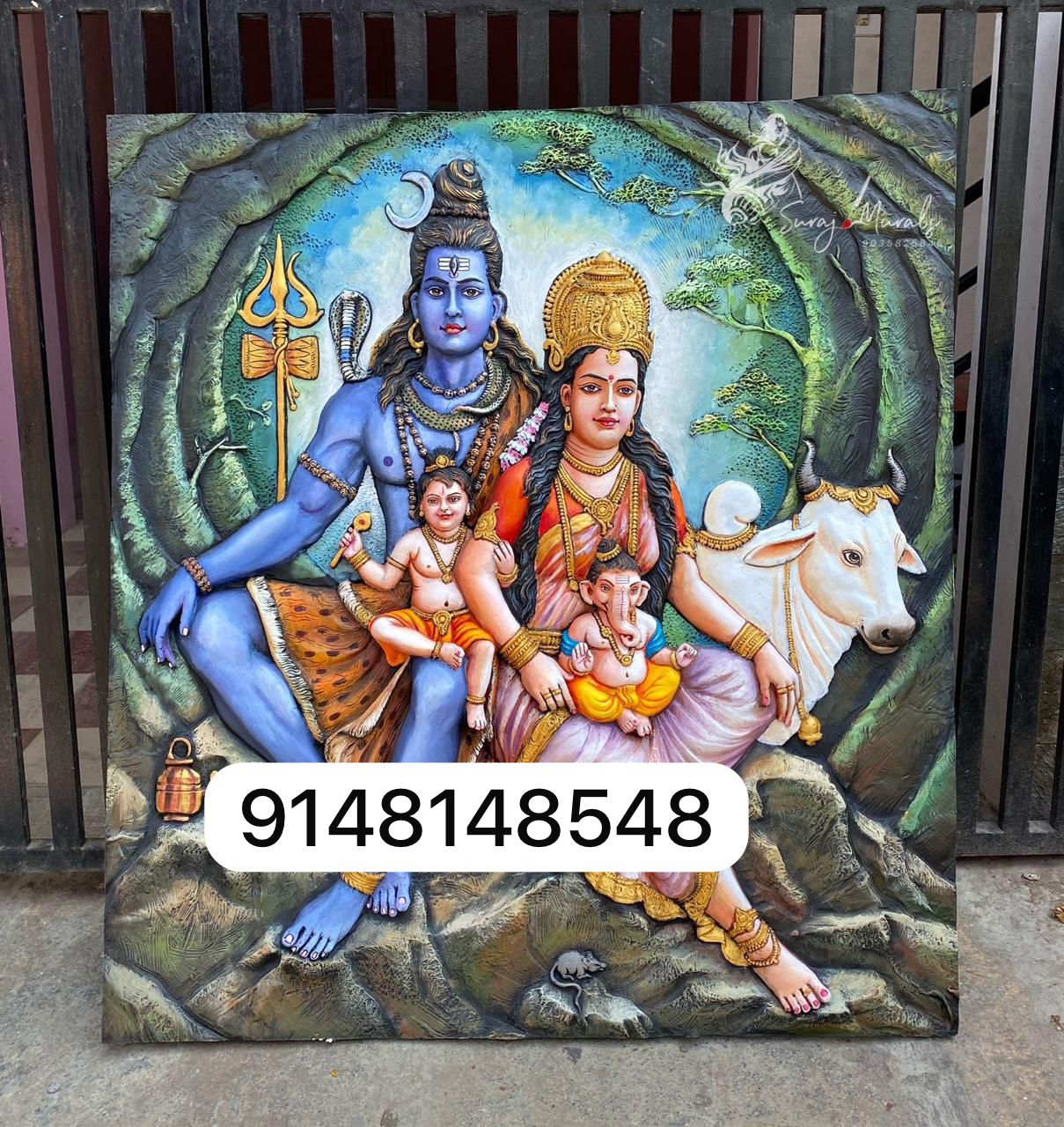 Lord Shiva Family 3D Fiber Mural Wall Art | Hasta Kale | Handcrafted Divine Wall Panel 3.5x4.5 ft