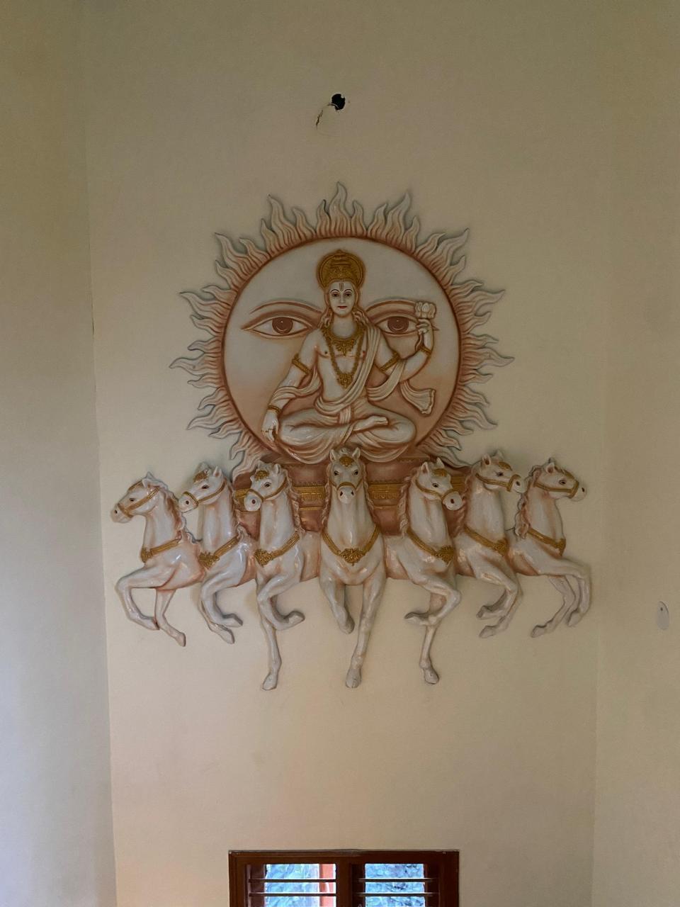 Vishnu Surya Chariot with Hors 3D Fiber Mural Wall Art | Hasta Kale | Handcrafted Sun God Wall Panel 6x6 ft