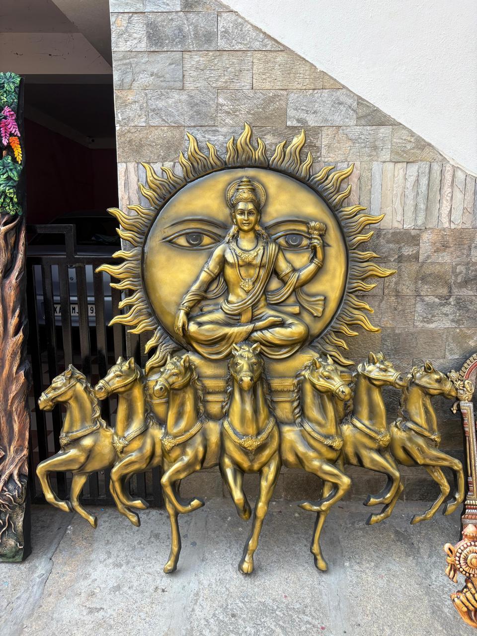 Vishnu Surya Chariot with Hors 3D Fiber Mural Wall Art | Hasta Kale | Handcrafted Sun God Wall Panel 6x6 ft