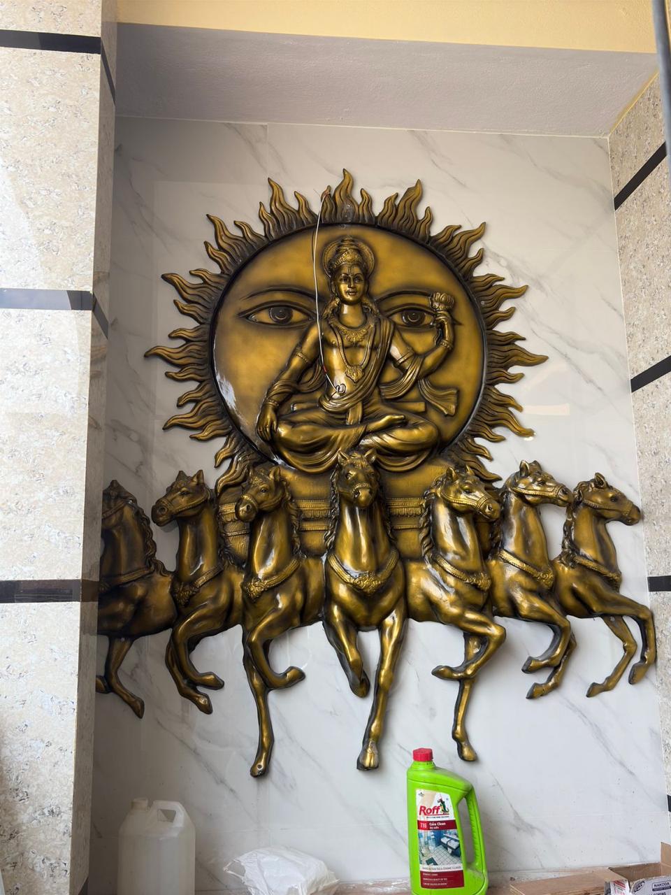 Vishnu Surya Chariot with Hors 3D Fiber Mural Wall Art | Hasta Kale | Handcrafted Sun God Wall Panel 6x6 ft