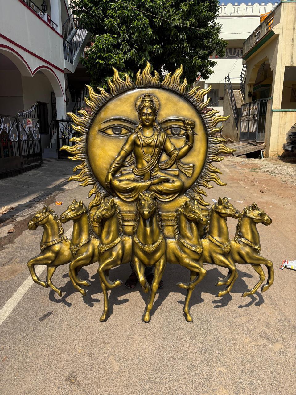Vishnu Surya Chariot with Hors 3D Fiber Mural Wall Art | Hasta Kale | Handcrafted Sun God Wall Panel 6x6 ft