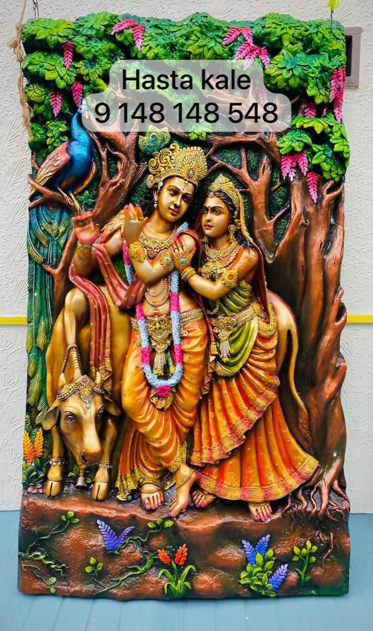 Radha Krishna With Cow 3D Fiber Mural Wall Art | Hasta Kale | Handcrafted Divine Wall Panel 7x4 ft
