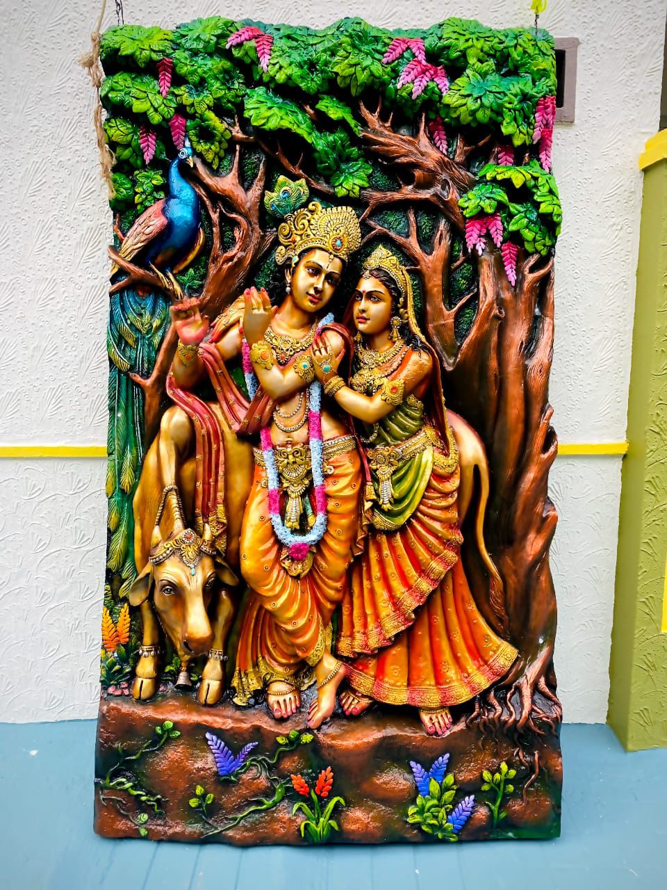 Radha Krishna With Cow 3D Fiber Mural Wall Art | Hasta Kale | Handcrafted Divine Wall Panel 7x4 ft