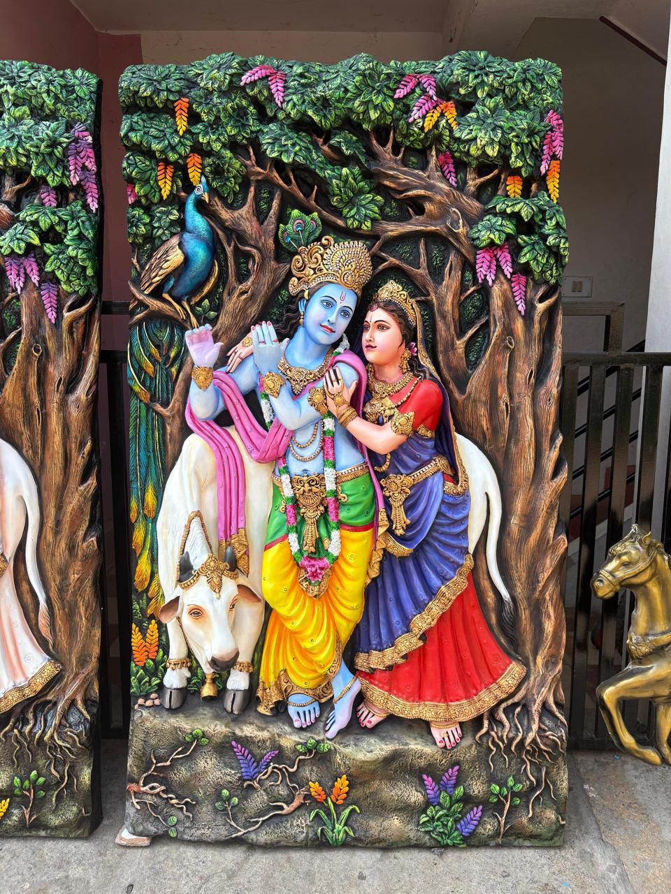 Radha Krishna With Cow 3D Fiber Mural Wall Art | Hasta Kale | Handcrafted Divine Wall Panel 7x4 ft