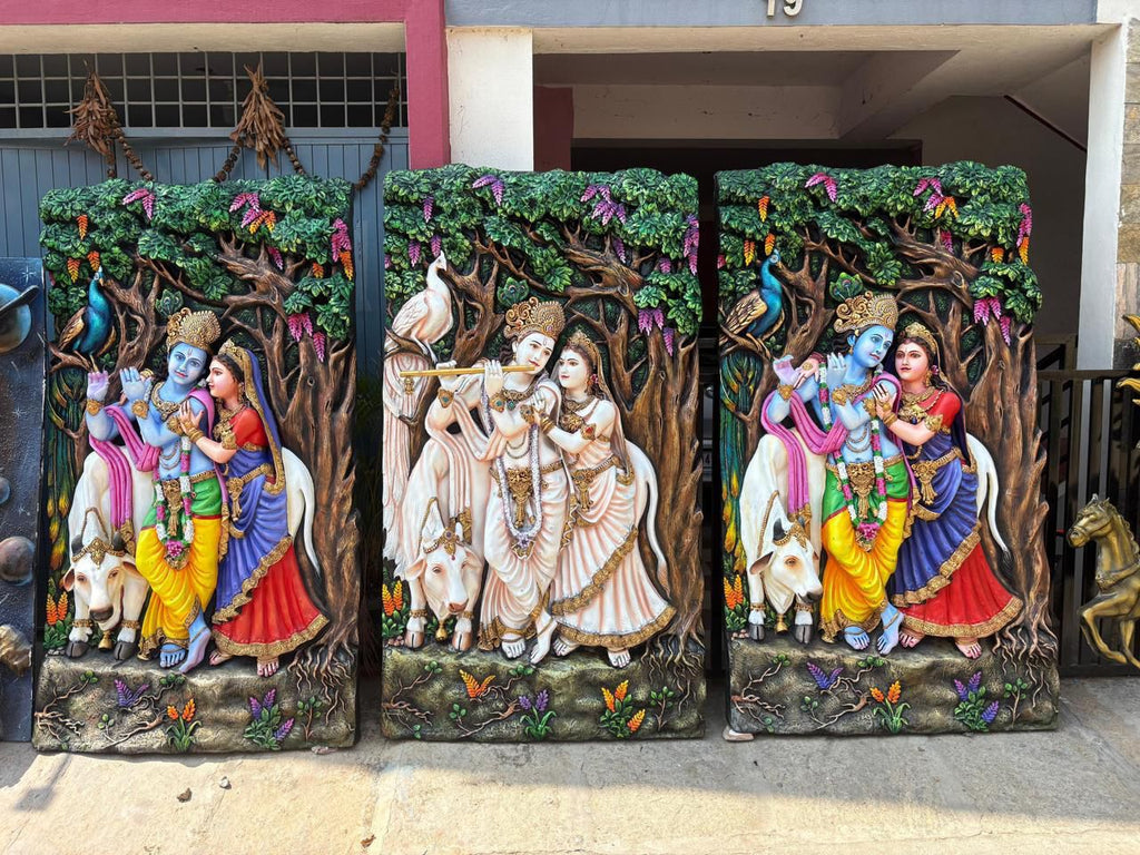 Radha Krishna With Cow 3D Fiber Mural Wall Art | Hasta Kale | Handcrafted Divine Wall Panel 7x4 ft