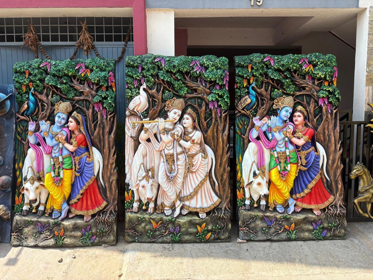 Radha Krishna With Cow 3D Fiber Mural Wall Art | Hasta Kale | Handcrafted Divine Wall Panel 7x4 ft