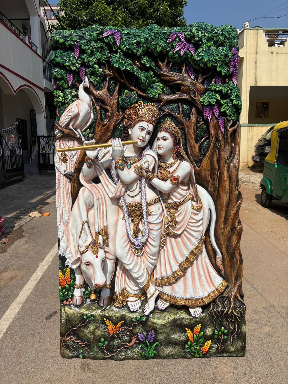 Radha Krishna With Cow 3D Fiber Mural Wall Art | Hasta Kale | Handcrafted Divine Wall Panel 7x4 ft