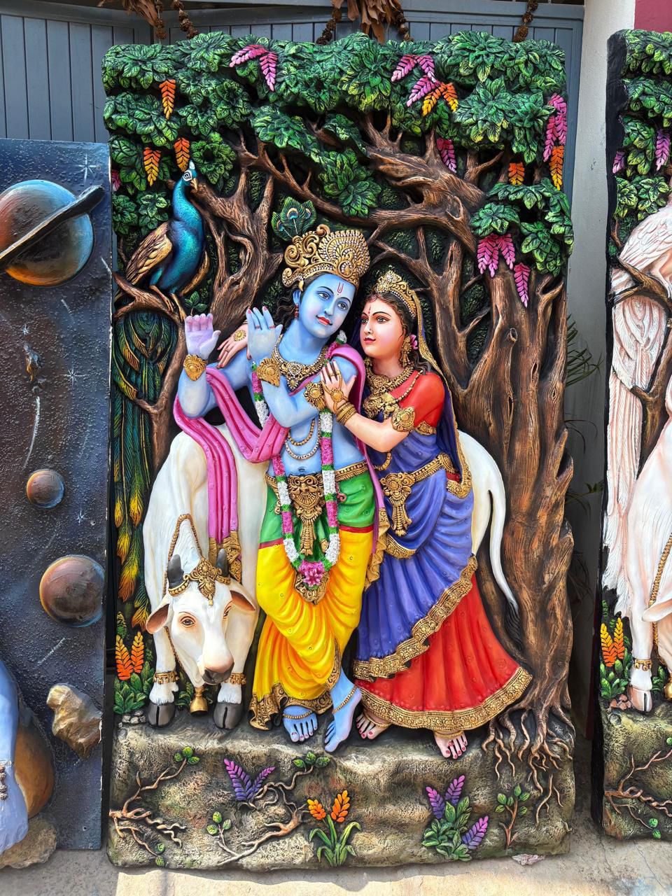 Radha Krishna With Cow 3D Fiber Mural Wall Art | Hasta Kale | Handcrafted Divine Wall Panel 7x4 ft