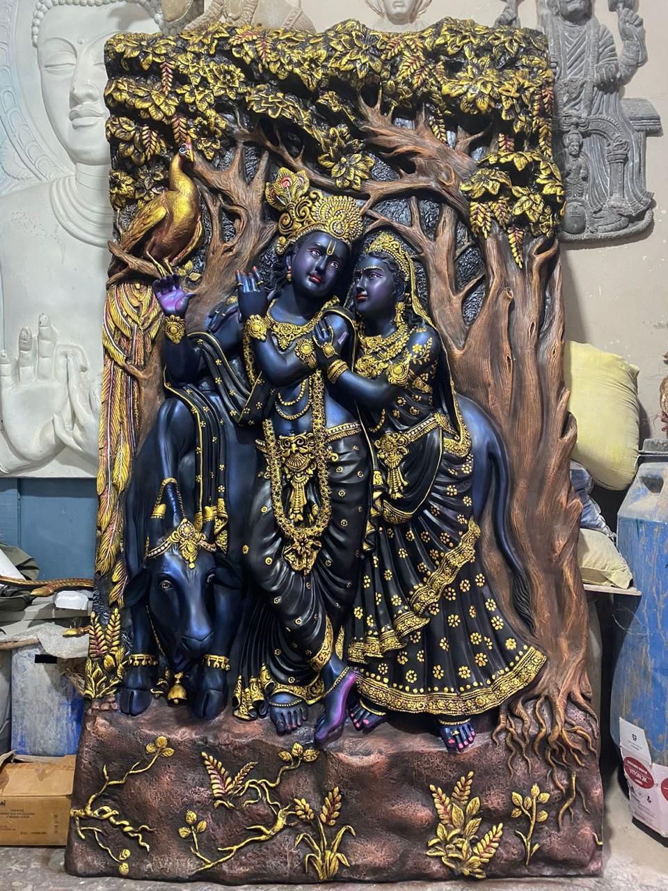 Radha Krishna With Cow 3D Fiber Mural Wall Art | Hasta Kale | Handcrafted Divine Wall Panel 7x4 ft