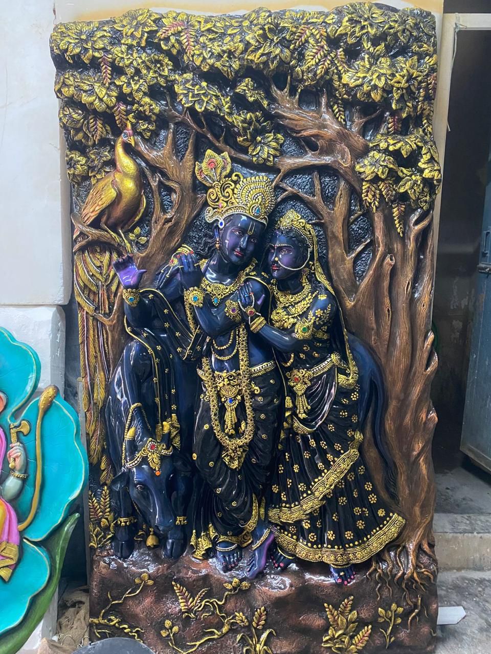 Radha Krishna With Cow 3D Fiber Mural Wall Art | Hasta Kale | Handcrafted Divine Wall Panel 7x4 ft