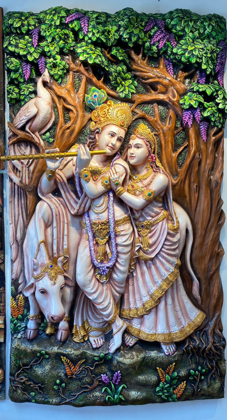 Radha Krishna With Cow 3D Fiber Mural Wall Art | Hasta Kale | Handcrafted Divine Wall Panel 7x4 ft