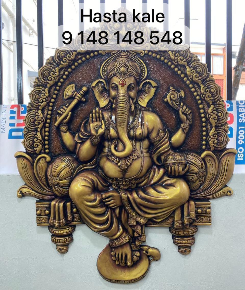 Lord Ganesha 3D Fiber Mural Wall Art | Hasta Kale | Handcrafted Antique Wall Panel 6.5x5 ft