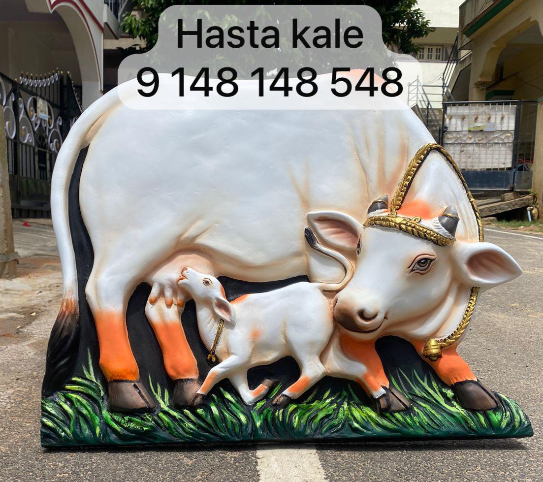 Kamadhenu Cow and Calf 3D Fiber Mural Wall Art | Hasta Kale | Handcrafted Divine Wall Panel 3x2 ft
