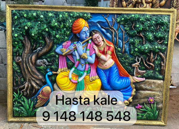 Radha Krishna 3D Fiber Mural Wall Art | Hasta Kale | Handcrafted Divine Wall Panel 6x4 ft